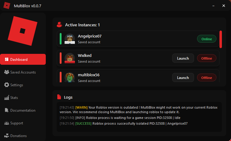 MultiBlox dashboard showing multiple Roblox accounts